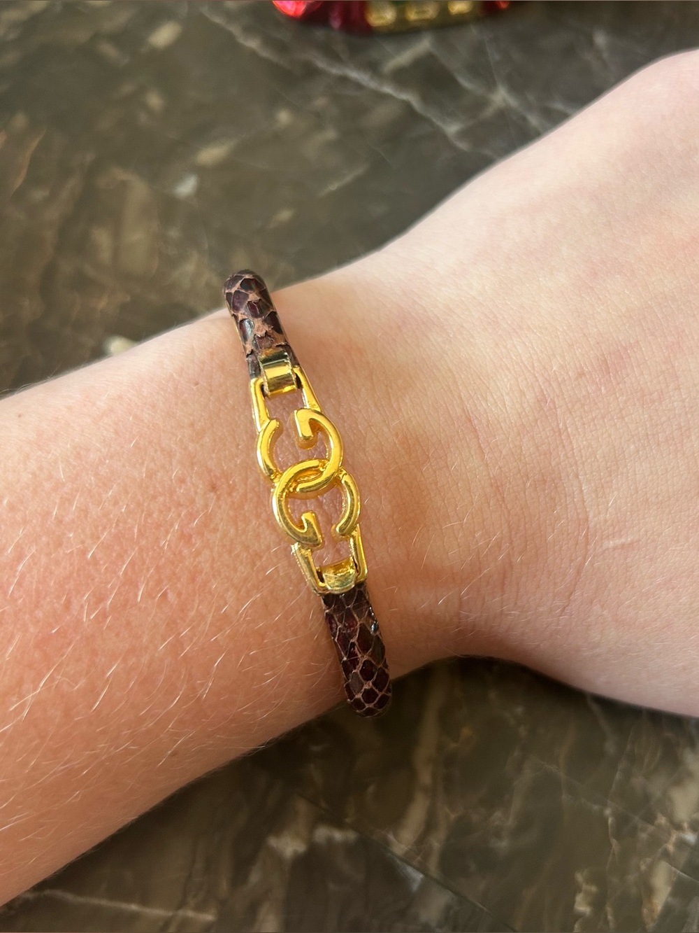 Florence Italy Bracelet 24K Gold Plated Brown Snakeskin Leather GG Closure